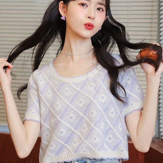 【ZHELIHANGFEI】Áo Thun Dệt Kim Ngắn Tay Form Rộng Thời Trang