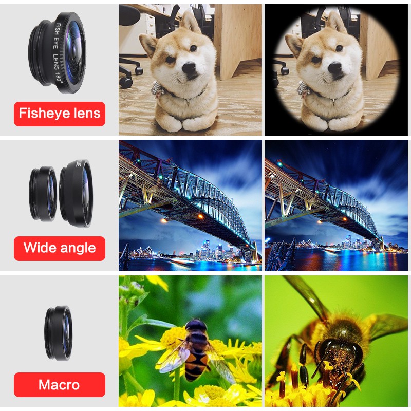 IPHONE XIAOMI HUAWEI LENOVO Bộ Lens Mắt Cá 3 Trong 1 Cho Điện Thoại Thông Minh & Máy Tính Bảng 3 Trong 1