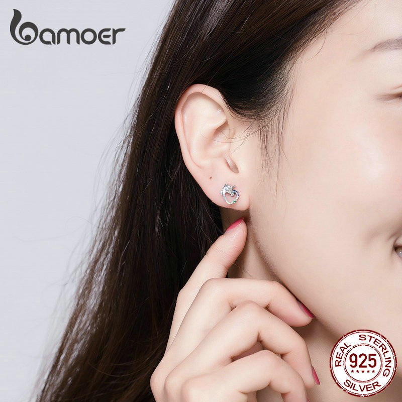 Khuyên tai Bamoer bằng bạc hình ngựa một sừng đáng yêu cho nữ