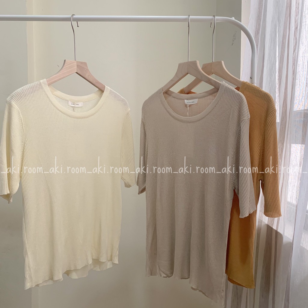 Áo len tăm mongtoghi cộc tay cổ tròn chất mềm rủ