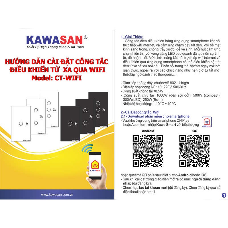 Công tắc điều khiển từ xa cảm ứng chạm WIFI - CHÍNH HÃNG KAWASAN