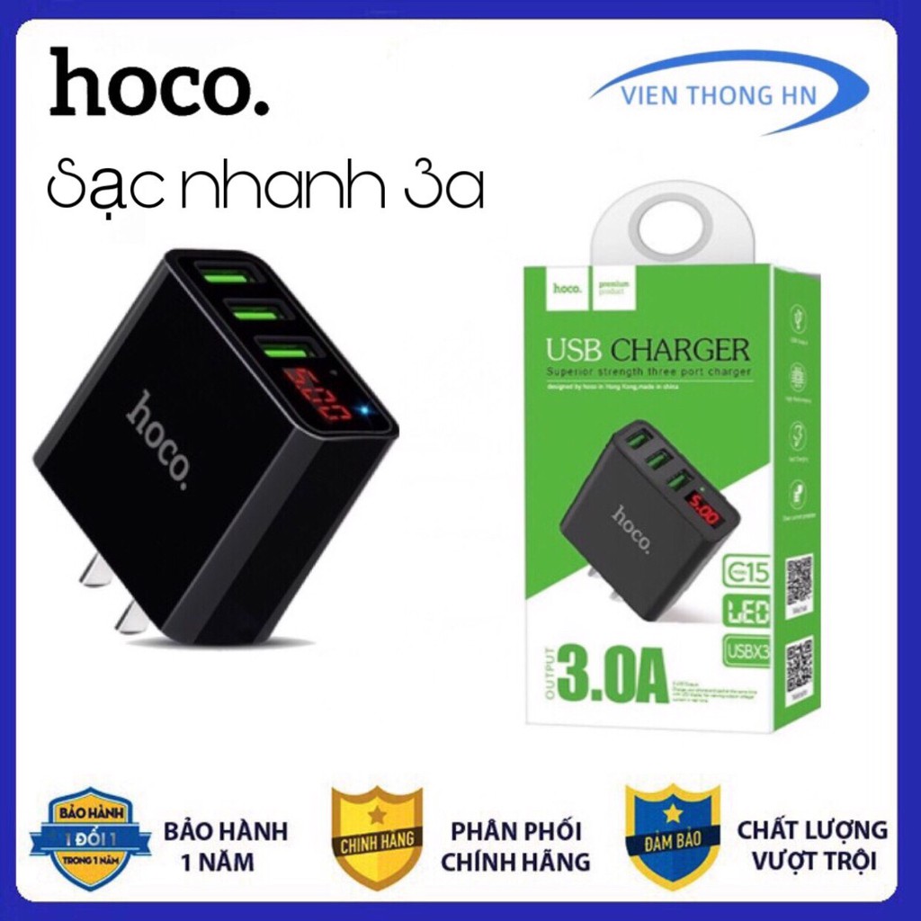 Củ sạc nhanh 3a 3 cổng màn hình LCD hiển thị điện áp hoco c15 - cốc sạc nhanh 3a 3 cổng hoco c15 - vienthonghn