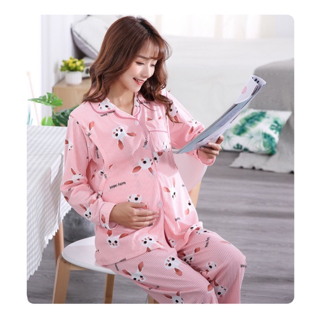 Đồ bộ bầu pijama bà bầu và sau sinh cho con bú ti dài tay thu đông có bigsize 80kg B103