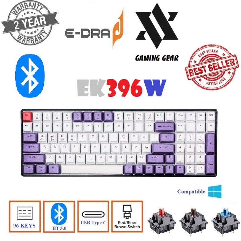 Phím cơ không dây Bluetooth E-DRA EK396W Gateron Switch/ USB Type C/ PBT dyesub keycap chính hãng