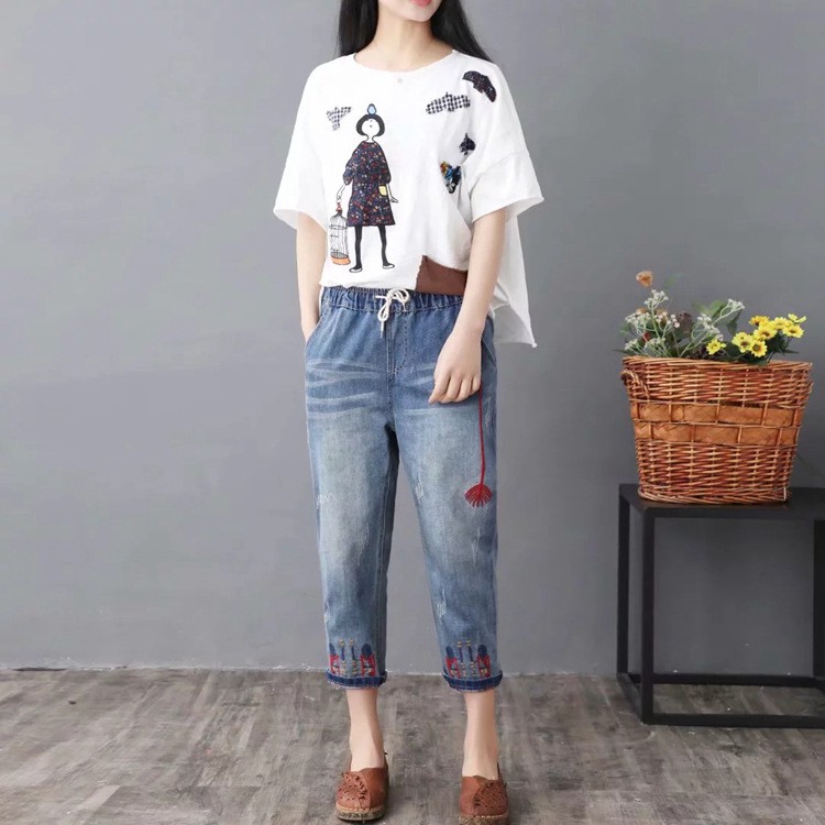 Quần jean bagyy nữ lưng thun eo co giãn size đại bigsize thêu hoa size M đến 3XL