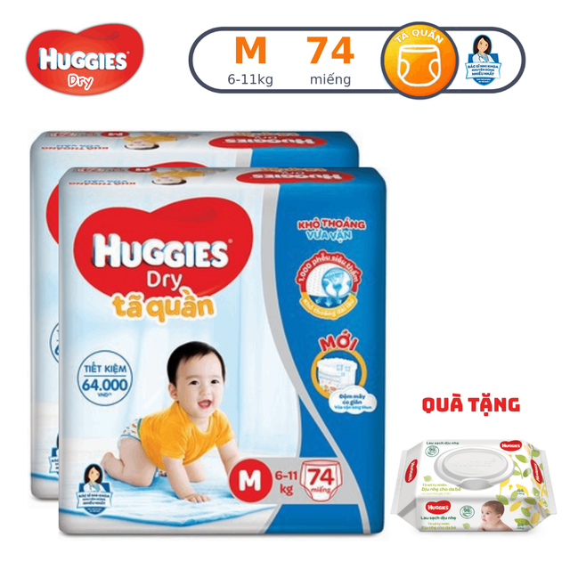 [Chỉ giao miền Nam] [Tặng khăn ướt 64 tờ] Combo 2 Tã quần Huggies Pants Super Jumbo M74/L68/XL62/XXL56