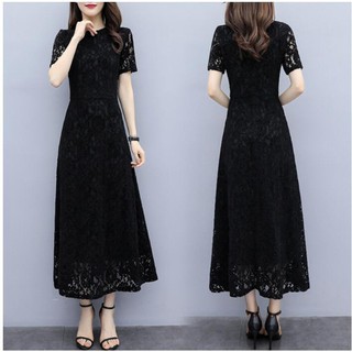 Đầm maxi dáng dài phối ren màu đen cỡ lớn