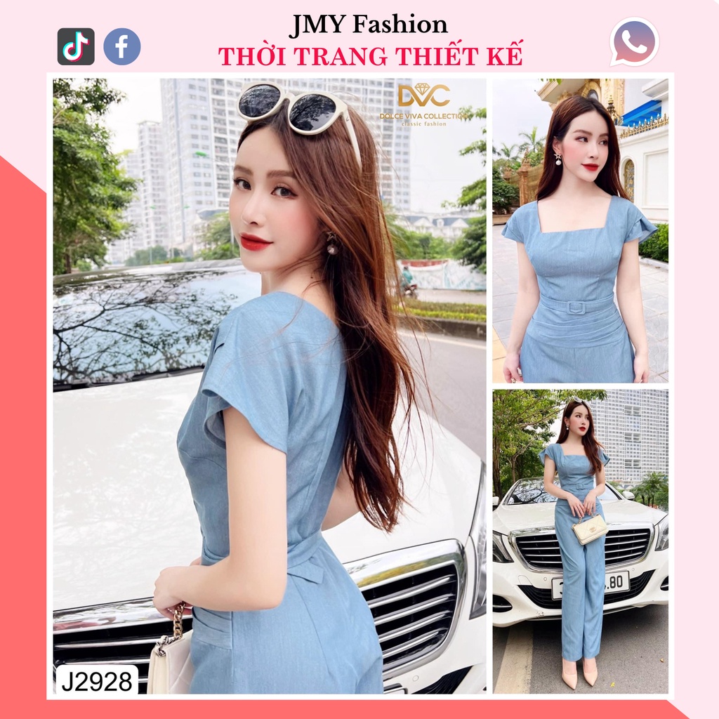J2928 Jumpsuit xanh cổ V nhún eo ống suông công sở (tặng kèm đai) - DVC&ACC (Dolce viva colection)
