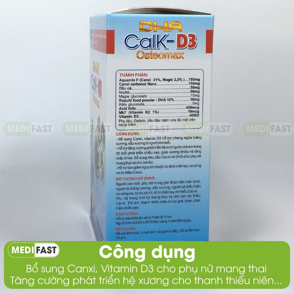 Canxi tăng chiều cao cho trẻ từ 10 tuổi, thanh thiếu niên, bổ sung Canxi D3 dễ hấp thụ - DHA Calk-D3 Osteomax - Hộp 30v.