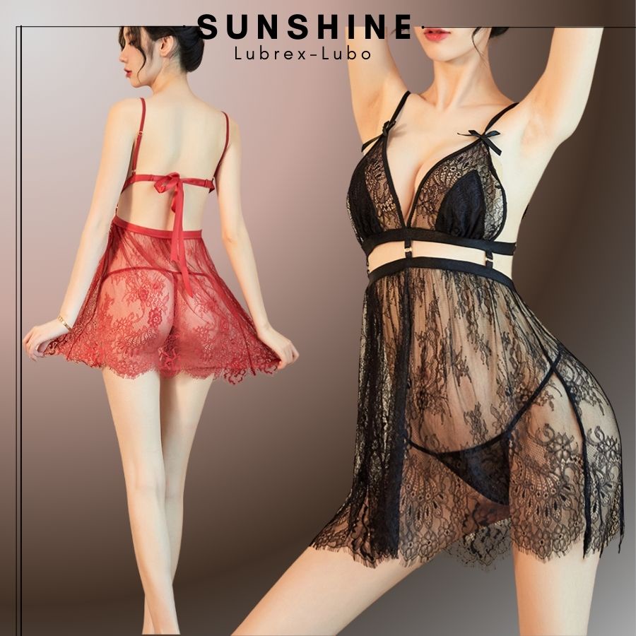 Đầm ngủ ren sexy 2 dây gợi cảm hai dây voan mỏng quyến rũ Màu Đen SUNSHINE HB1534