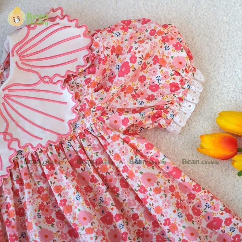 Đầm bé gái babydoll hoa nhí cổ thêu sò