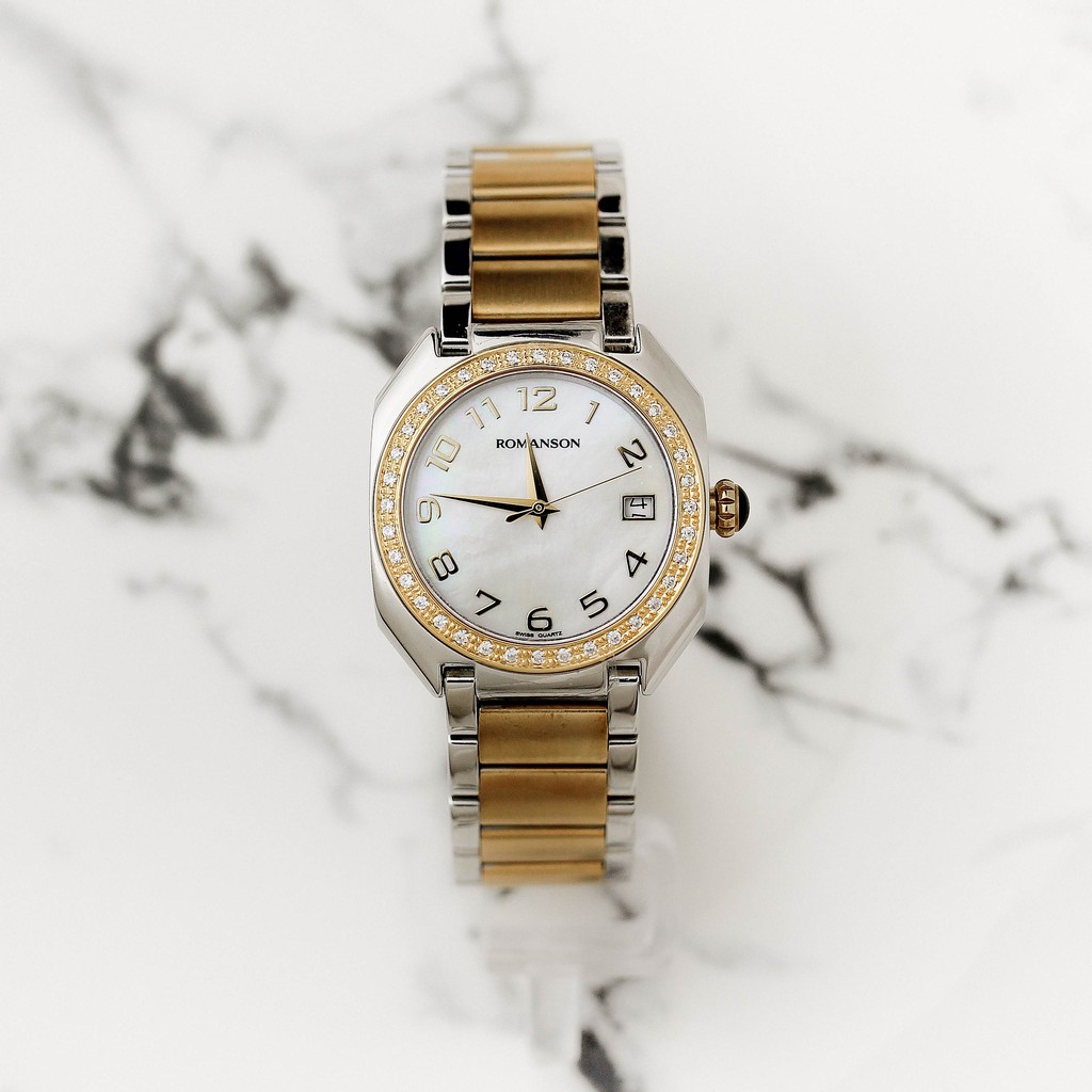 Đồng hồ Romanson Watch RM1208QLCWH nữ mặt khảm trai đính đá kính chống xước máy Thụy Sĩ chống nước dây thép chính hãng