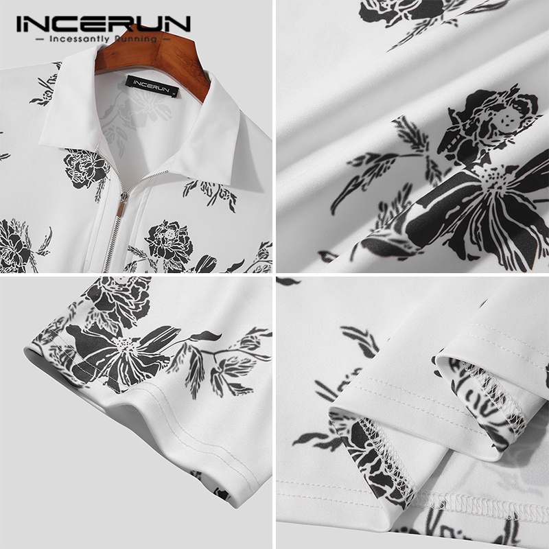 Áo polo INCERUN tay ngắn có khóa kéo in họa tiết thời trang cho nam