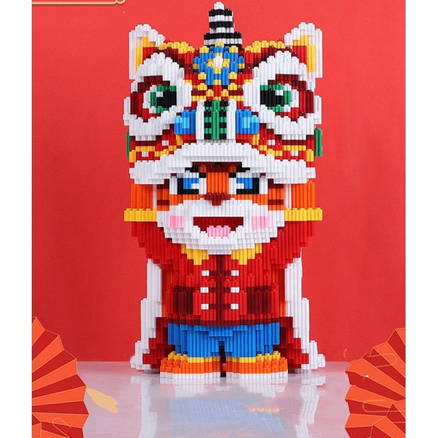 Lắp ráp mô hình xizai HỔ CON múa Kỳ Lân chơi trung thu nanoblocks Kỳ Lân vui tết cho bé