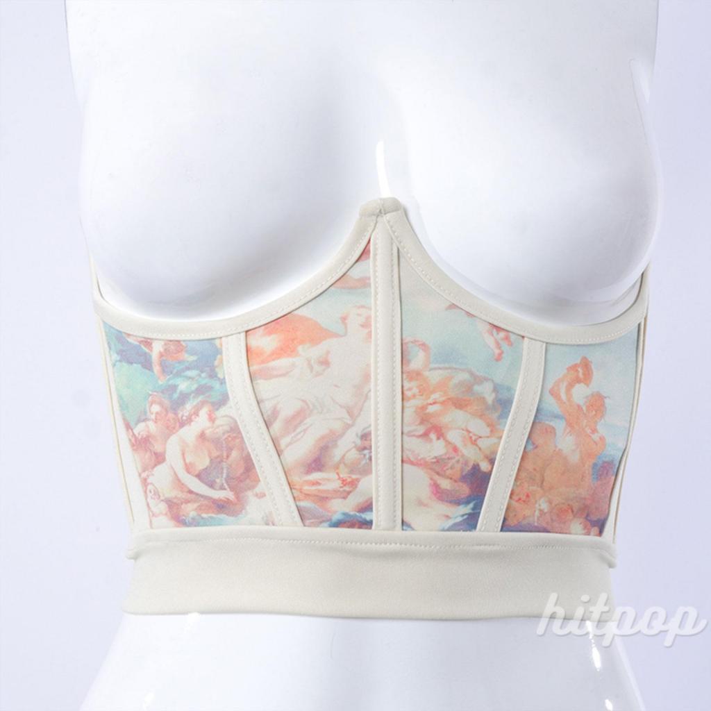 Hitpop-Women Fitness Waist Trainer, Oil Painting Print Elastic Corset Cincher Shaper with Chest Support for Girls,