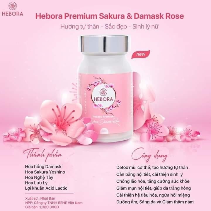 [CHÍNH HÃNG] Viên Uống Tạo Mùi Thơm Cơ Thể Hebora Premium Sakura Damask Rose 60 Viên Nhật Bản.
