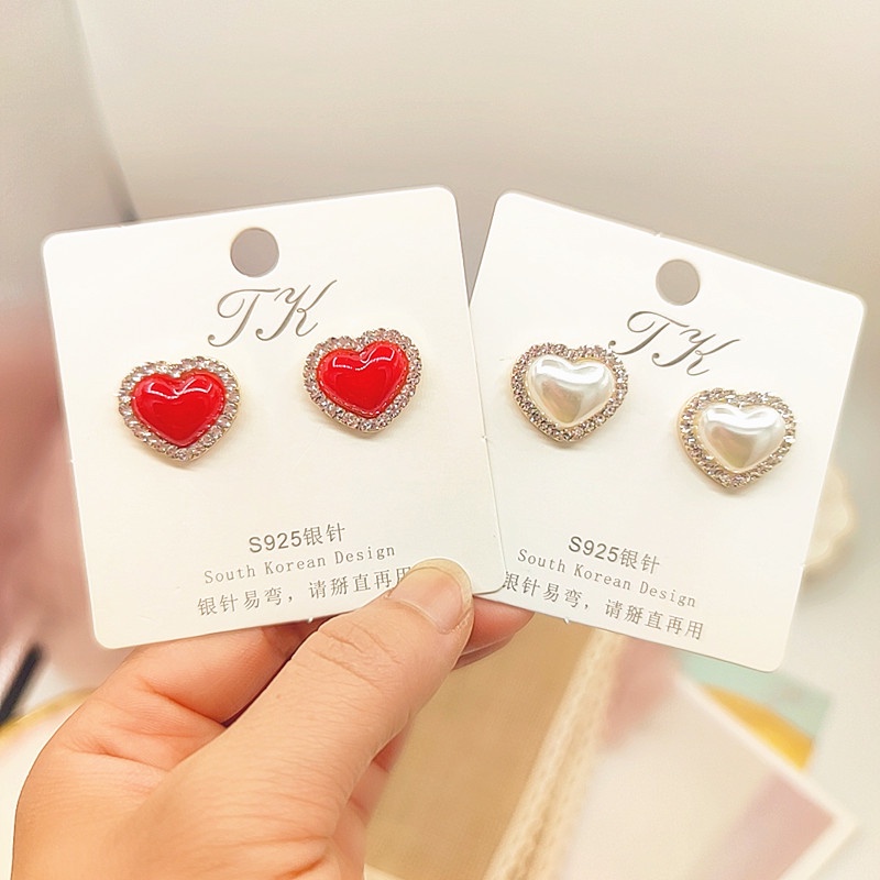 Bông Tai Hình Trái Tim Đính Đá Và Ngọc Trai Màu Sắc Thời Trang Cho Nữ