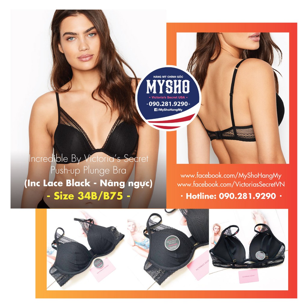 (Áo Vic B75) - Áo lót nâng ngực, mút vừa, đen tuyền phối ren Lace Black, dòng incredible - Victoria's Secret