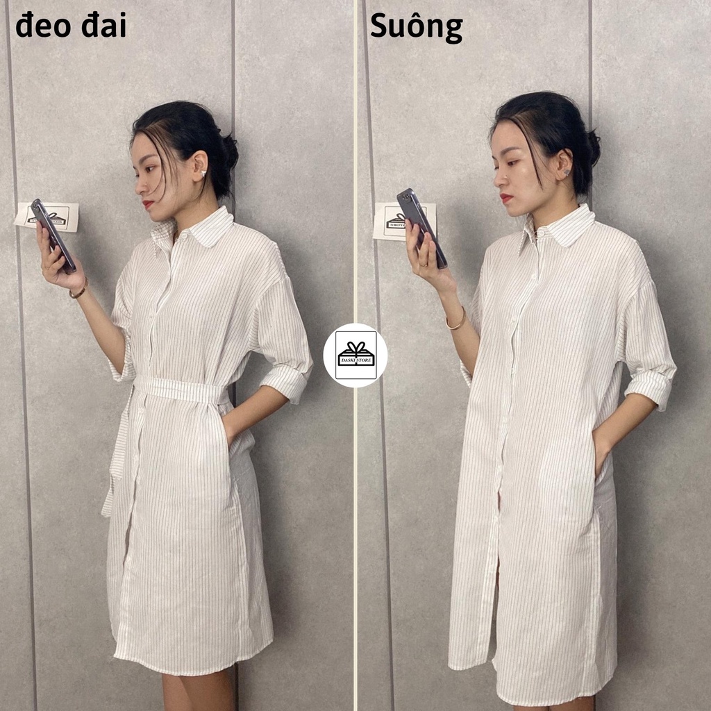 Váy sơ mi kẻ sọc, đầm maxi kẻ cổ bẻ vải thô mềm unisex kèm đai Daski