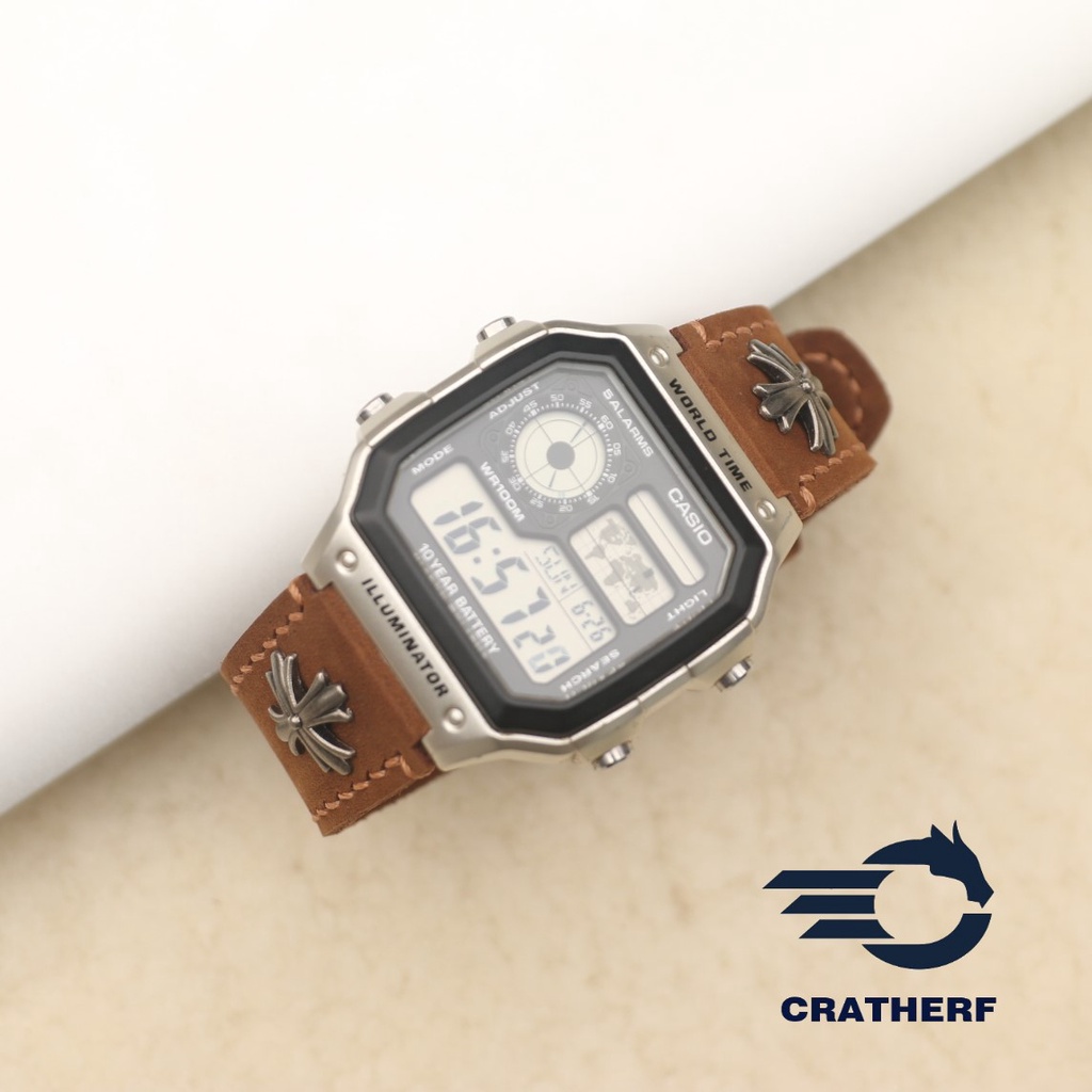 Dây da thay thế đồng hồ Casio AE1200 da bò sáp Nâu vàng bò Rivet Handmade