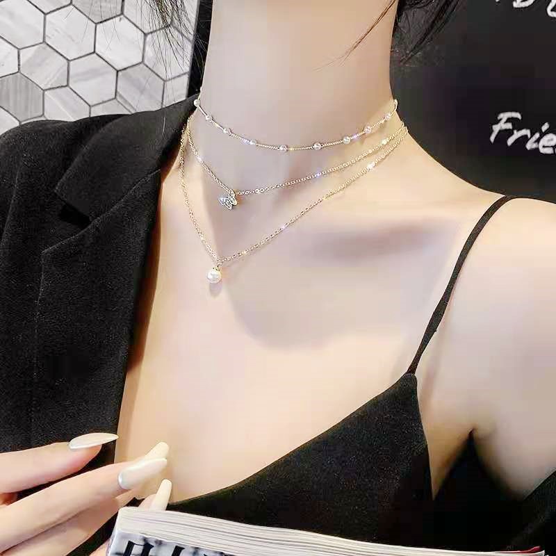 Dây chuyền nhiều lớp mặt hình bướm và ngọc trai giả thanh lịch cho nữ