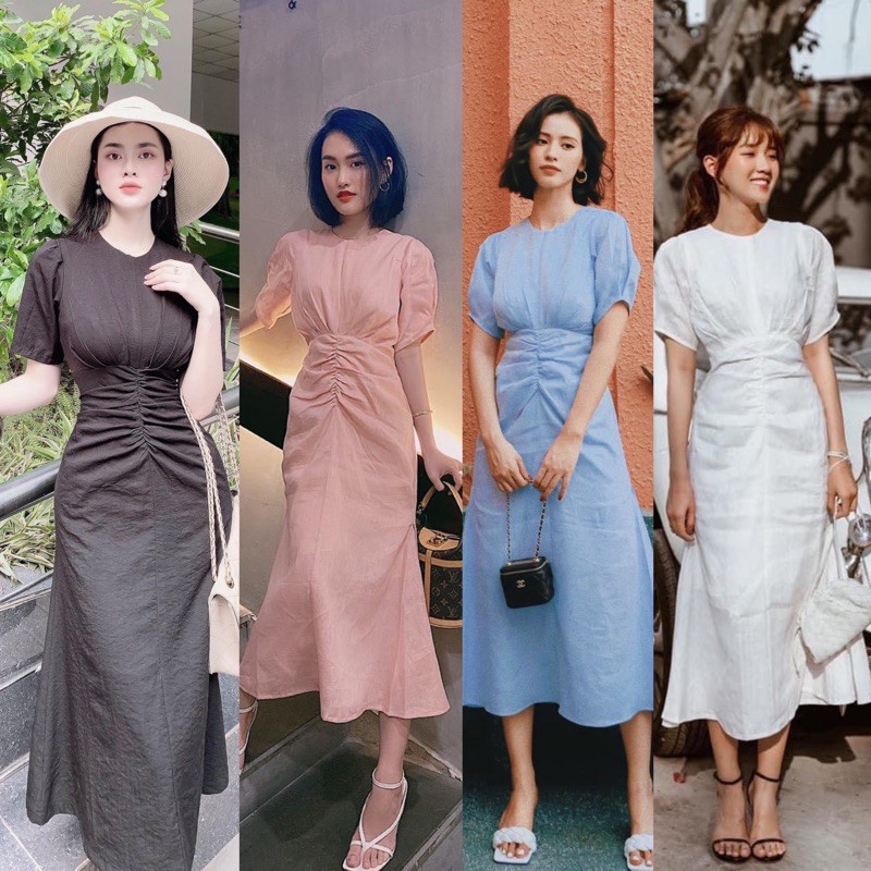 Đầm dự tiệc trắng nhíu eo tay phồng