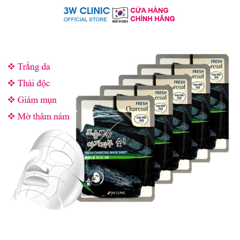 Combo 10 Túi mặt nạ giấy dưỡng trắng da thải độc chiết xuất từ Than Hoạt Tính 3W CLINIC Hàn Quốc