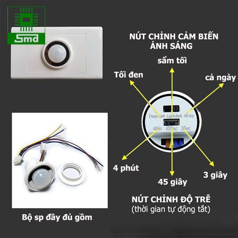 Công tắc cảm biến chuyển động hồng ngoại bật tắt đèn tự động 220V - Có điều chỉnh thời gian và độ nhạy