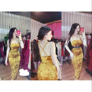 Đầm body nhung 2 dây chéo lưng