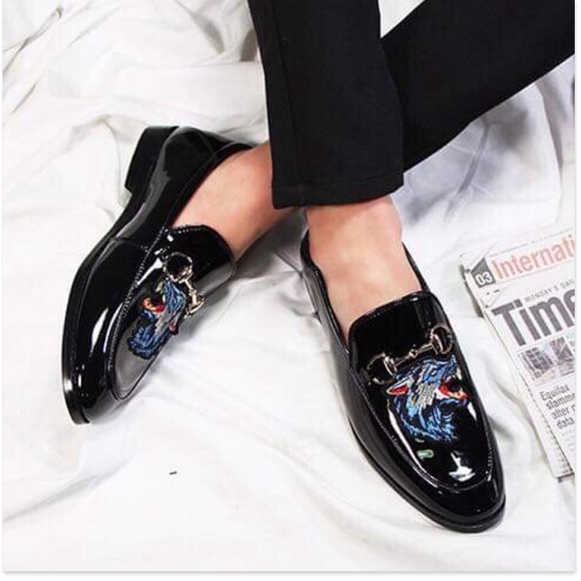 💗MILANO SHOES💗 Giầy lười thêu sói xanh da bóng nam giá tại kho, đẹp thời trang mẫu mới nhất