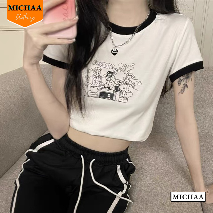 Áo Croptop Ôm Body Nữ SMOOCH TIM Cổ Tròn Tay Ngắn, Áo Thun Croptop Kiểu In Họa Tiết - MICHAA CR89