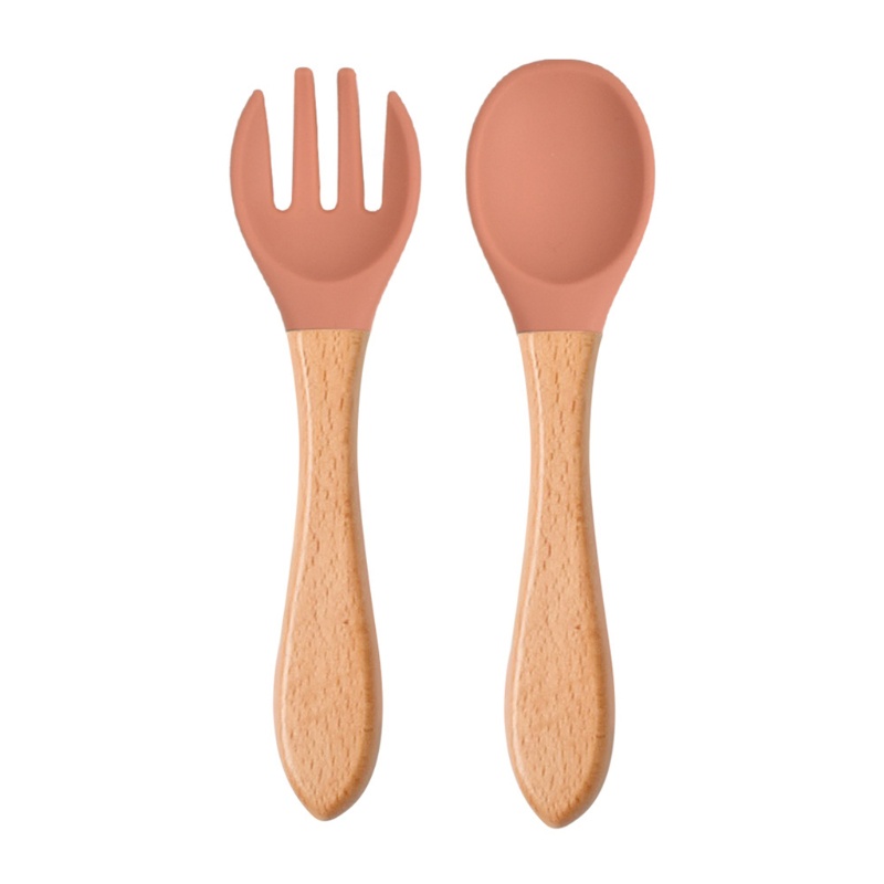 Bộ Muỗng Nĩa Silicone Cán Gỗ Dành Cho Bé Tập Ăn