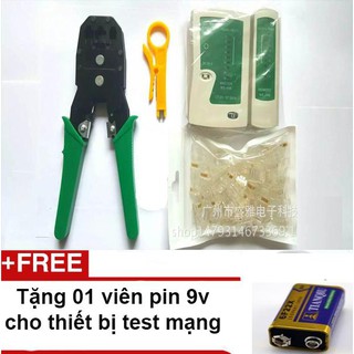Bộ full đủ đồ sửa mạng lan (kìm bấm, hộp test mạng, 50 đầu nối + Tặng pin 9V
