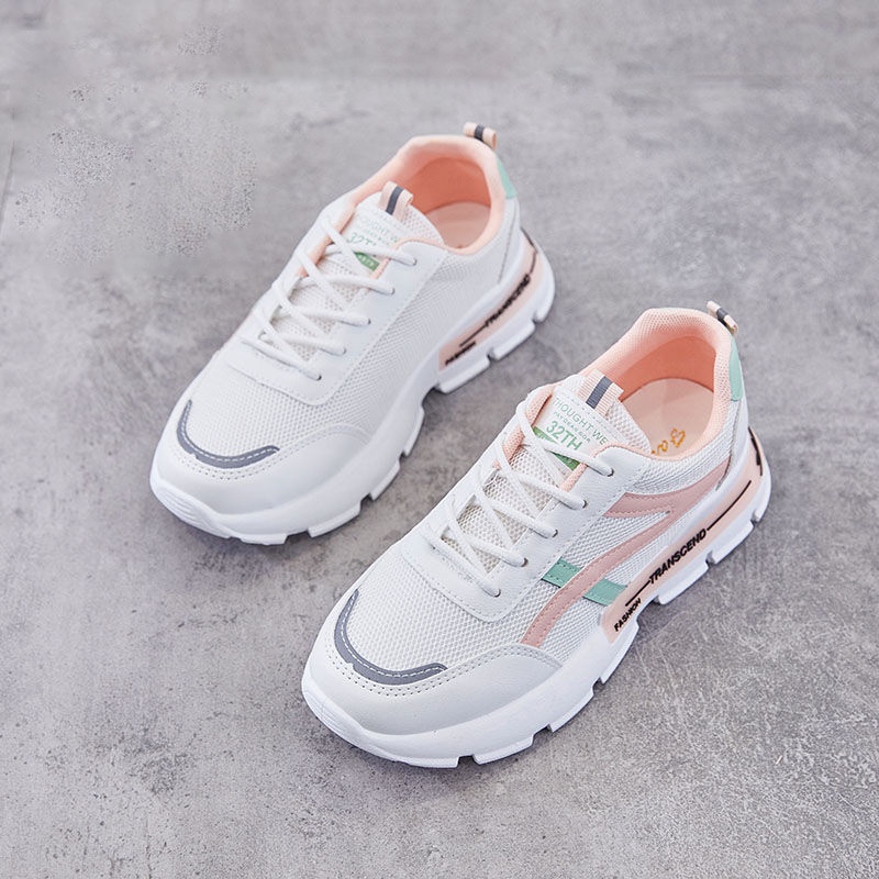 Giày thể thao nữ trắng đẹp xọc xanh viền hồng transcend điểm nhấn thời trang ulzzang