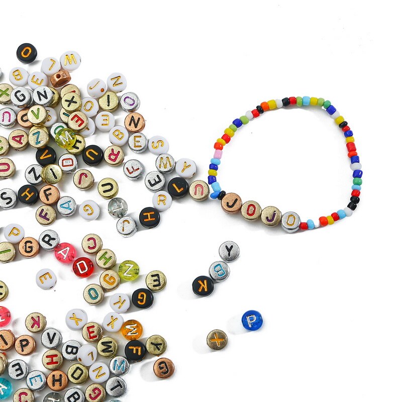 Set 100 hạt acrylic hình chữ cái màu kim loại dùng làm trang sức vòng cổ vòng tay thủ công