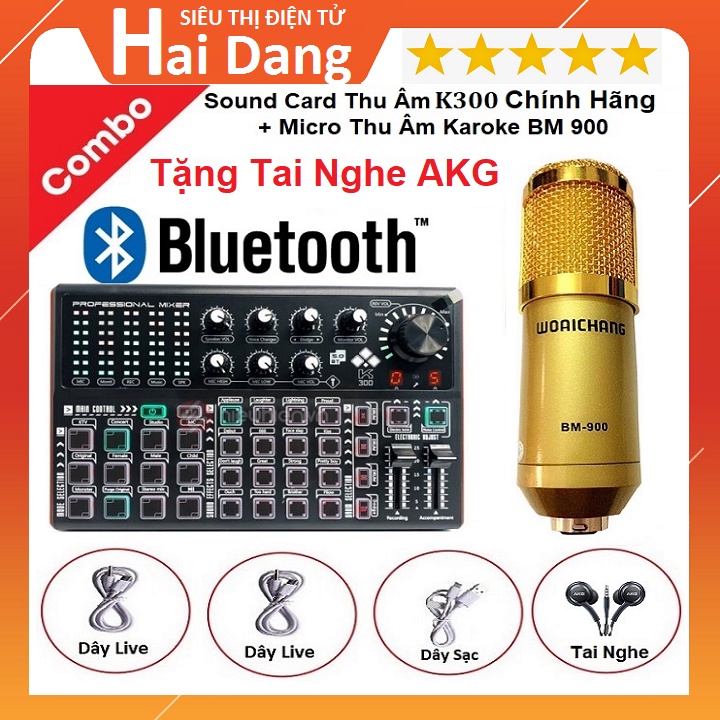 Combo Sound Card K300, Micro Thu Âm BM 900 - Tặng Tai Nghe AKG - Siêu Phẩm Hát Livestream Karaoke Rất Hay - Model 2022