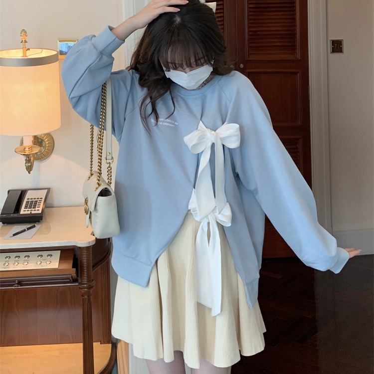 Áo sweater tay dài cổ tròn thiết kế thắt nơ đáng yêu dành cho nữ