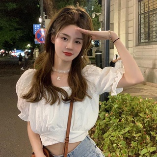 【Giselle】Áo Kiểu Tay Phồng Ngắn Màu Trắng Phong Cách Hàn Quốc Cổ Điển Thời Trang Mùa Hè Hàng Mới Dành Cho Bạn Nữ