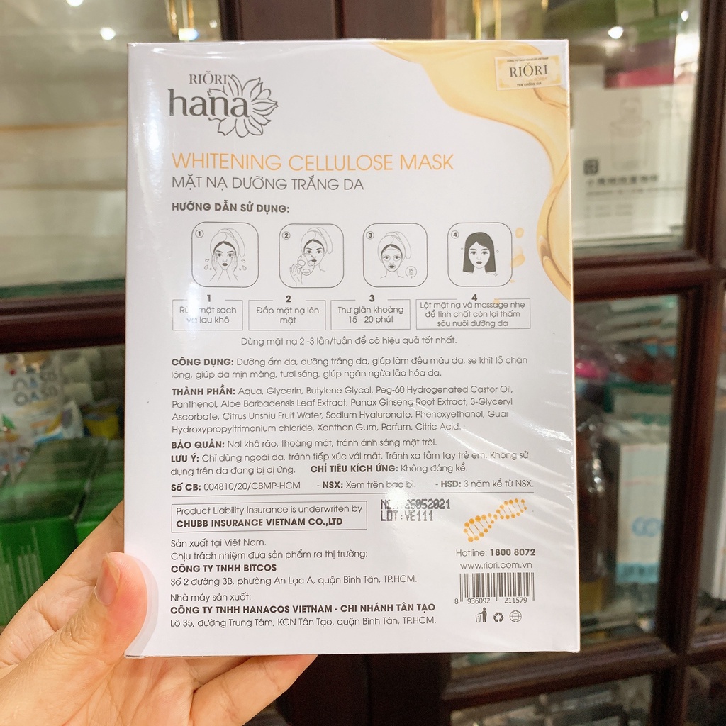 Mặt Nạ Dưỡng Trắng Da RIORI Whitening Cellulose Mask Hộp 5miếng-Mặt Nạ Sinh Học ức chế hình thành Melanin dưỡng trắng da