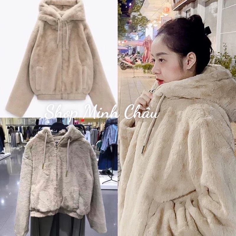(Sẵn) Áo khoác lông mũ pha gấu da Zaraaa tuồn sịn