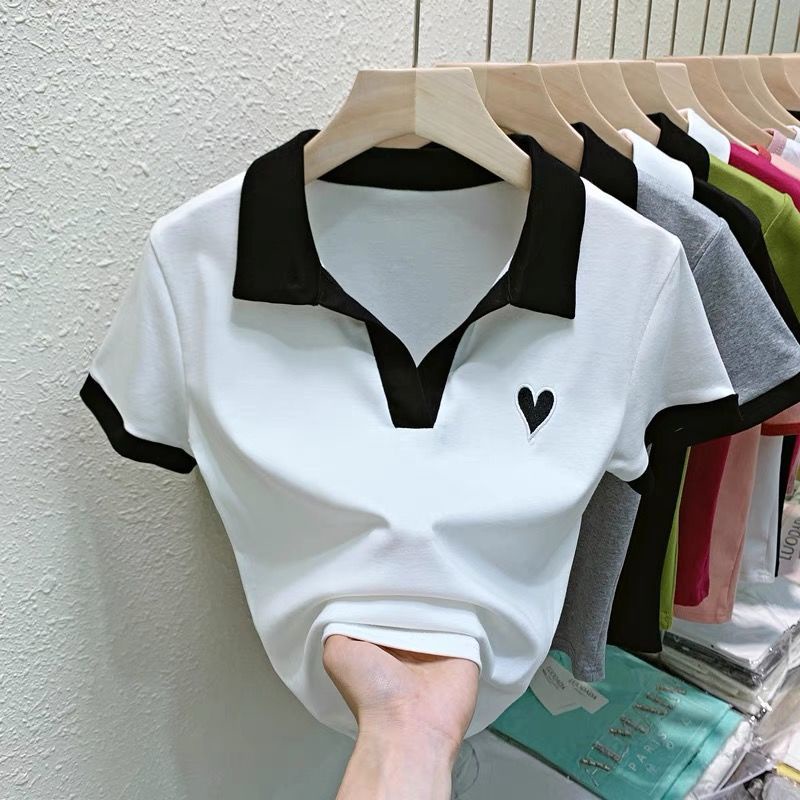 [Hàng Có Sẵn Bán Chạy] ~ Áo Thun polo Ngắn Tay Cổ Chữ V Thiết Kế Phong Cách Mới Mùa Hè ins Niche Cho Nữ