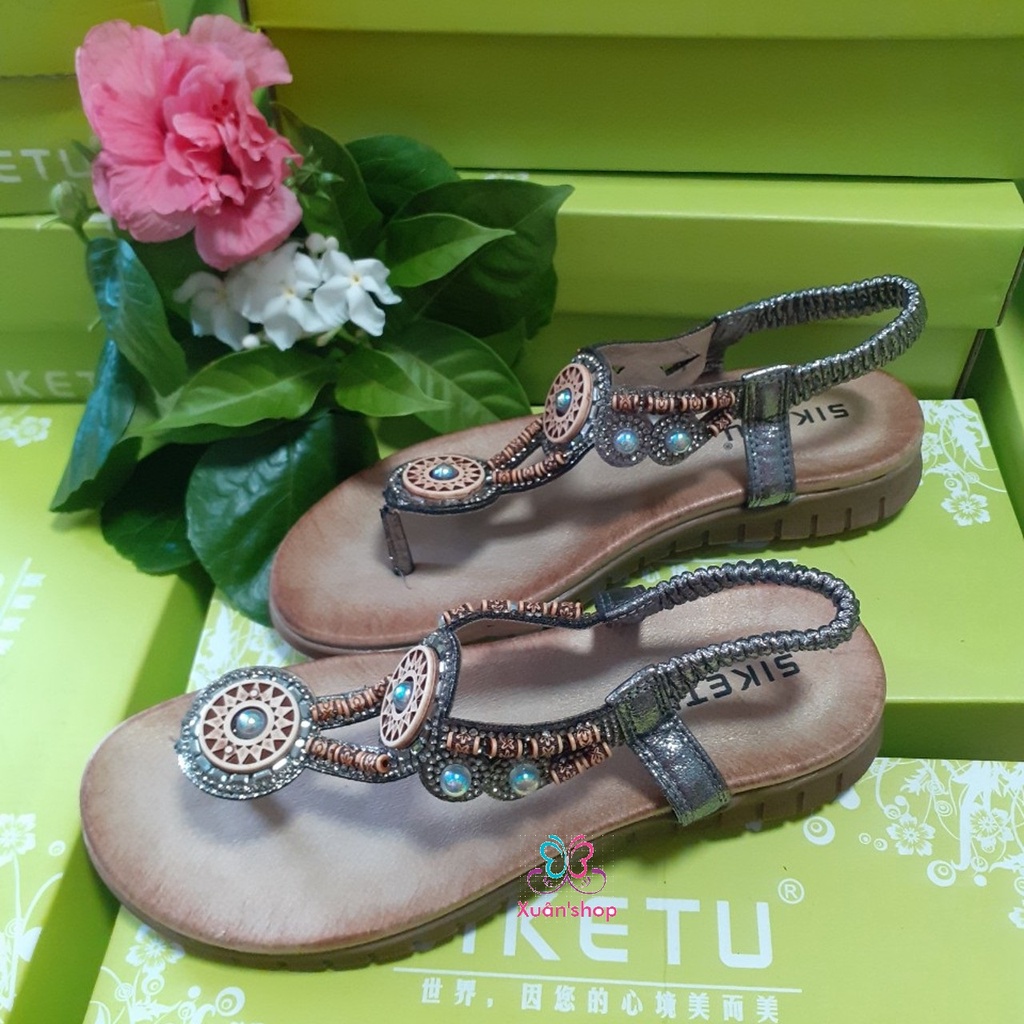 Sandal xỏ ngón Siketu quai đính họa tiết thổ cẩm, đế bằng chống trượt 3cm