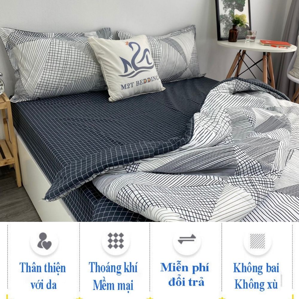 [LIFEM2157 -80K từ 250K] Bộ chăn ga gối Cotton 3D M2T BEDDIND Luxury chăn chần bông thông minh drap giường - CTM Kẻ Lưới