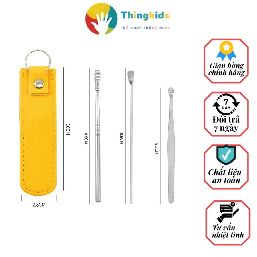 Dụng cụ lấy ráy tai, ngoáy tai 6 chi tiết tặng kèm túi da làm móc chìa khóa tiện lợi - Thingkids