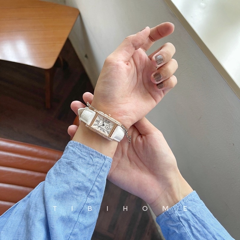 Đồng hồ dây da nữ LG2032 màu trắng kim xanh chữ số la mã đính đá viền rosegold
