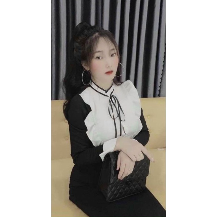 👗Đầm Body Đen Tay Dài tiểu thư👗 Ngực pha trắng phối viền bèo, Cổ thắt nơ tay dài - Váy body đen tiểu thư đẹp | BigBuy360 - bigbuy360.vn
