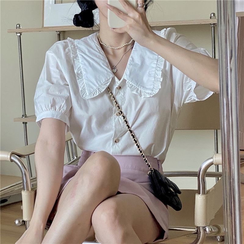 Áo sơ mi nữ ngắn tay cổ sen cách điệu phong cách tiểu thư xinh xắn | BigBuy360 - bigbuy360.vn