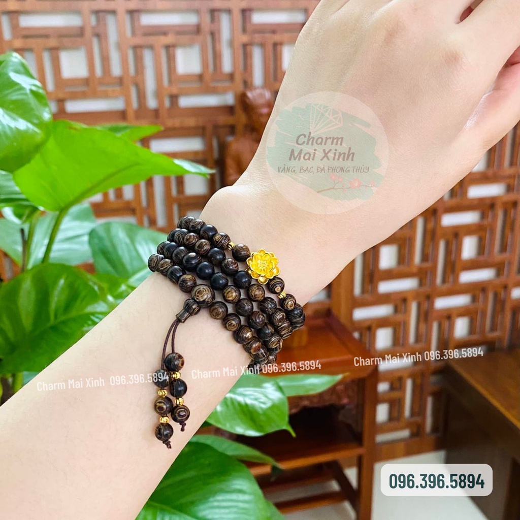 Chuỗi Trầm Hương Sánh chìm 108 hạt phối Hoa Sen Si Bạc, Bạc Phủ Vàng 925 - Vòng Tay Gỗ tự nhiên Nữ phong thuỷ