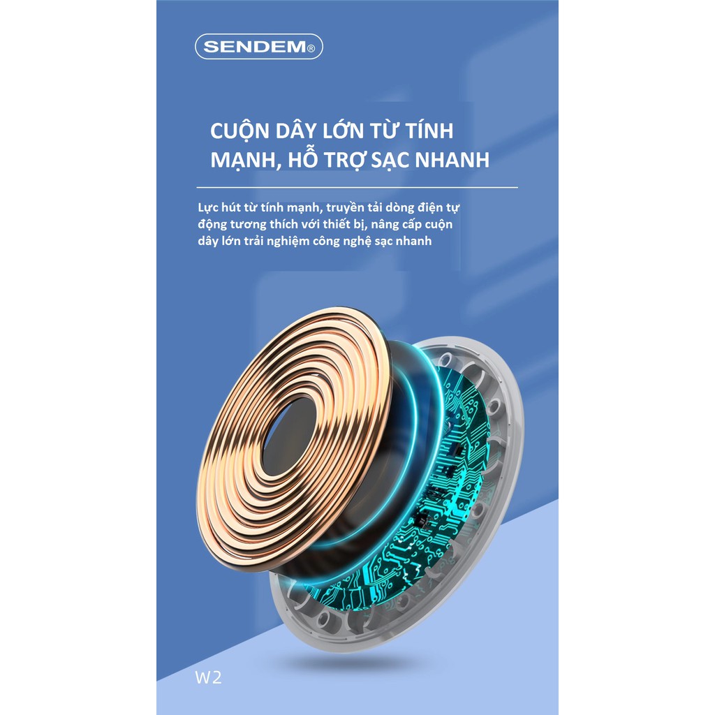 Đế sạc không dây SENDEM W2 hỗ trợ sạc nhanh QC3.0, Pd 15W thiết kế nam châm hút ổn định và chắc chắn