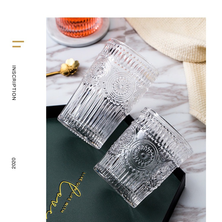 Cốc thủy tinh pha lê trắng chịu nhiệt 280ml-380ml họa tiết trống đồng tinh tế sang trọng